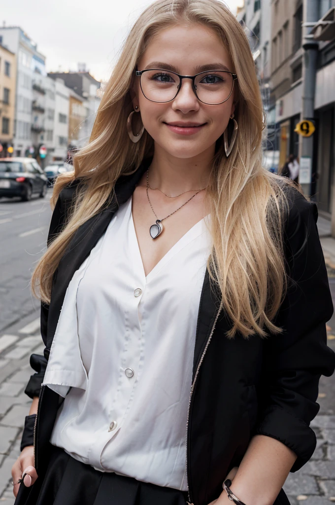 A 19-year-old blonde woman, ((hyperrealism),. blonde hair, long hair, beautiful, cute face, shy smile, earrings, rings, necklace, glasses, on the street of city, elegant black classic jacket, black skirt, white formal shirt under black jacket