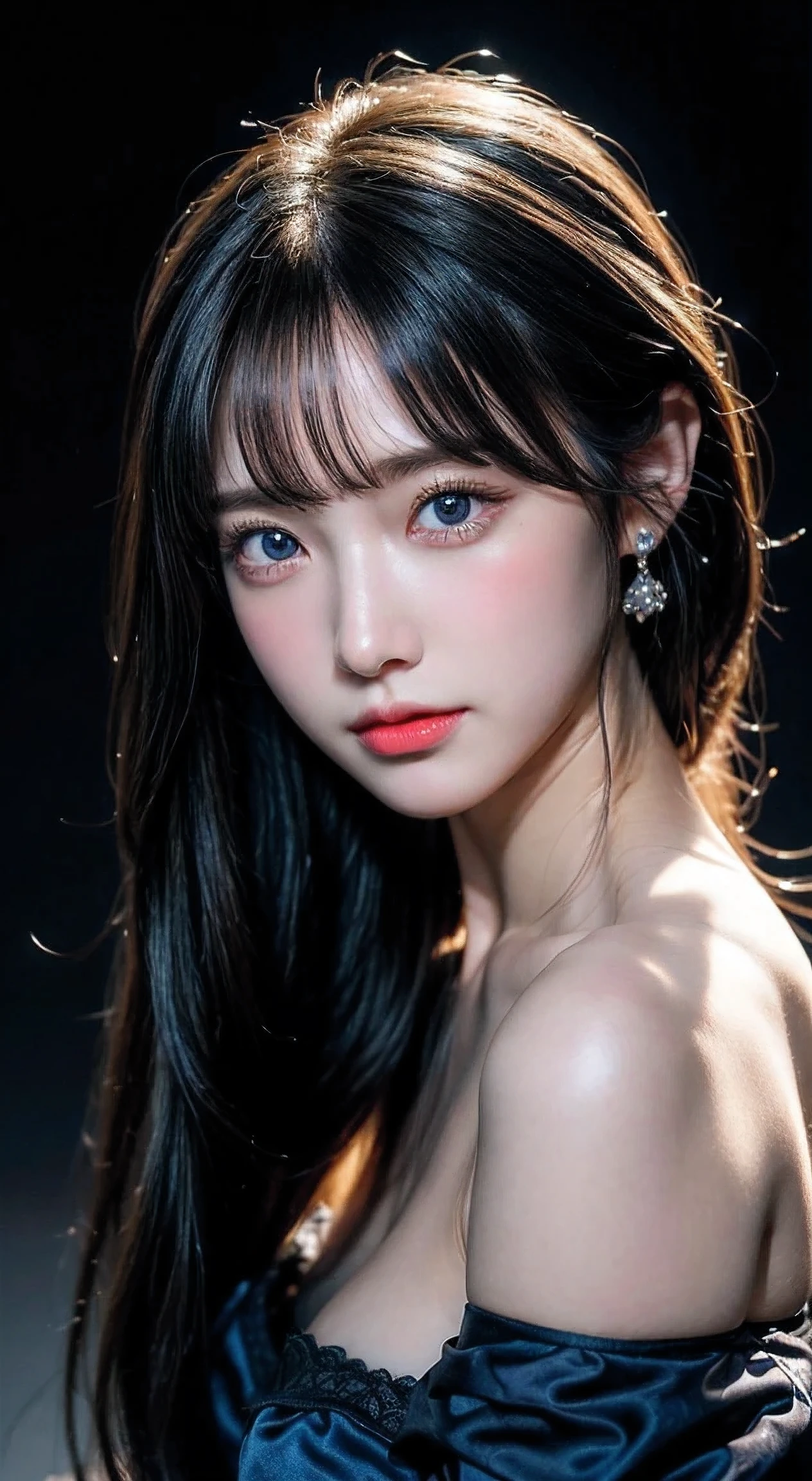 masterpiece, 8k, 4k, best quality, ultra-detailed, photorealistic, highly detailed, realistic, intricate details, 3D, HDR, sharp focus, vivid colors, porcelain skin, beautiful young woman, princess, long black hair, stunning blue eyes, beautiful long white dress, elegant pose, soft lighting, dreamy atmosphere, fantasy, storybook