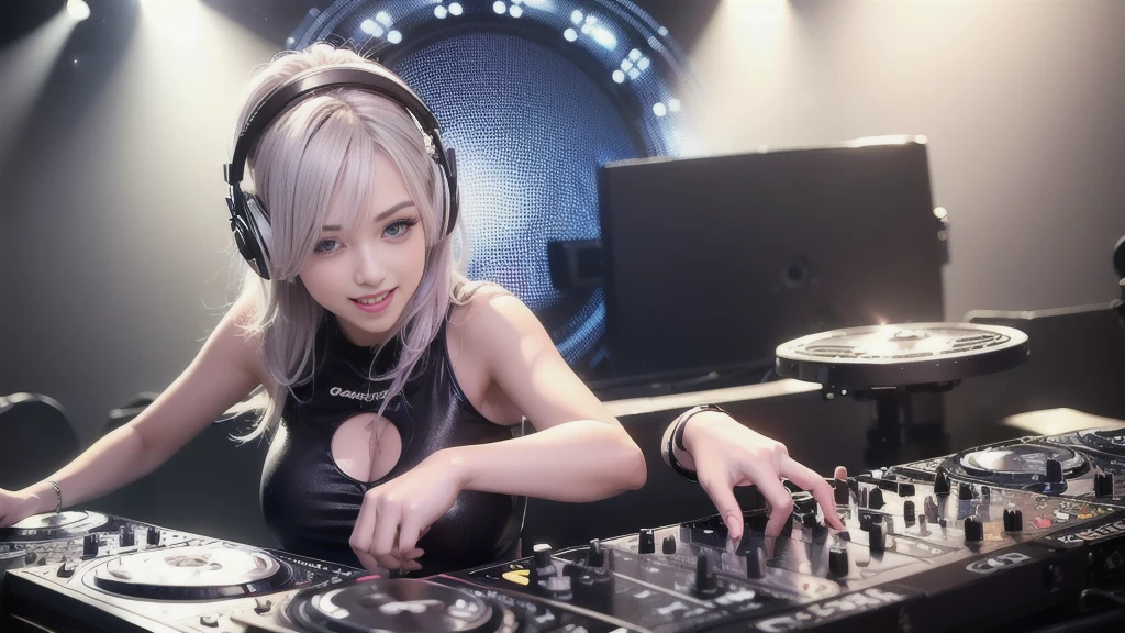 (ultra - detailed, 16K resolution, Cinema lenses, rendering by octane), (high resolution:1.18), intricate detail, (masterpiece:1.1), (highest quality:1.1), (1girl, portrait, white hair, blue eyes, short hair, detailed eyes),Wearing silver DJ headphones, Shiny silver sequined T-shirt, (Iconic hip-hop pop costumes:1.3), Smile while DJing on stage, full body shot of, The spotlight shines on the female DJ. Photorealistic photography by Disco Lighting, (cute round face:1.3), perfect fingers, five fingers, beautiful hands, perfect hands. master peace, cute smile.