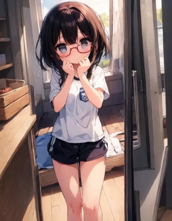 Beautiful thighs、Wooden floor navy blue shorts、Gym suit、  body、Flat body、