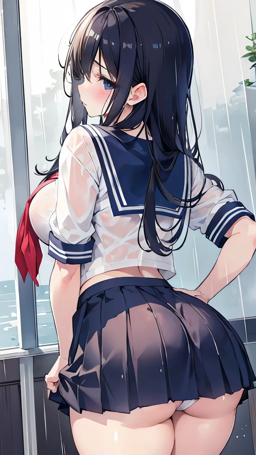 high school girl、beautiful girl、Black Hair、Big breasted body type、Big 、Wet white 、、Sailor-style 、Roll up your navy blue pleated skirt、Flushed Cheekoist eyes、Shy expression、The veranda on a rainy day、 atmosphere、Immoral scene、Sensual scene、Wet Hair、Wet Skin、Wet clothes、