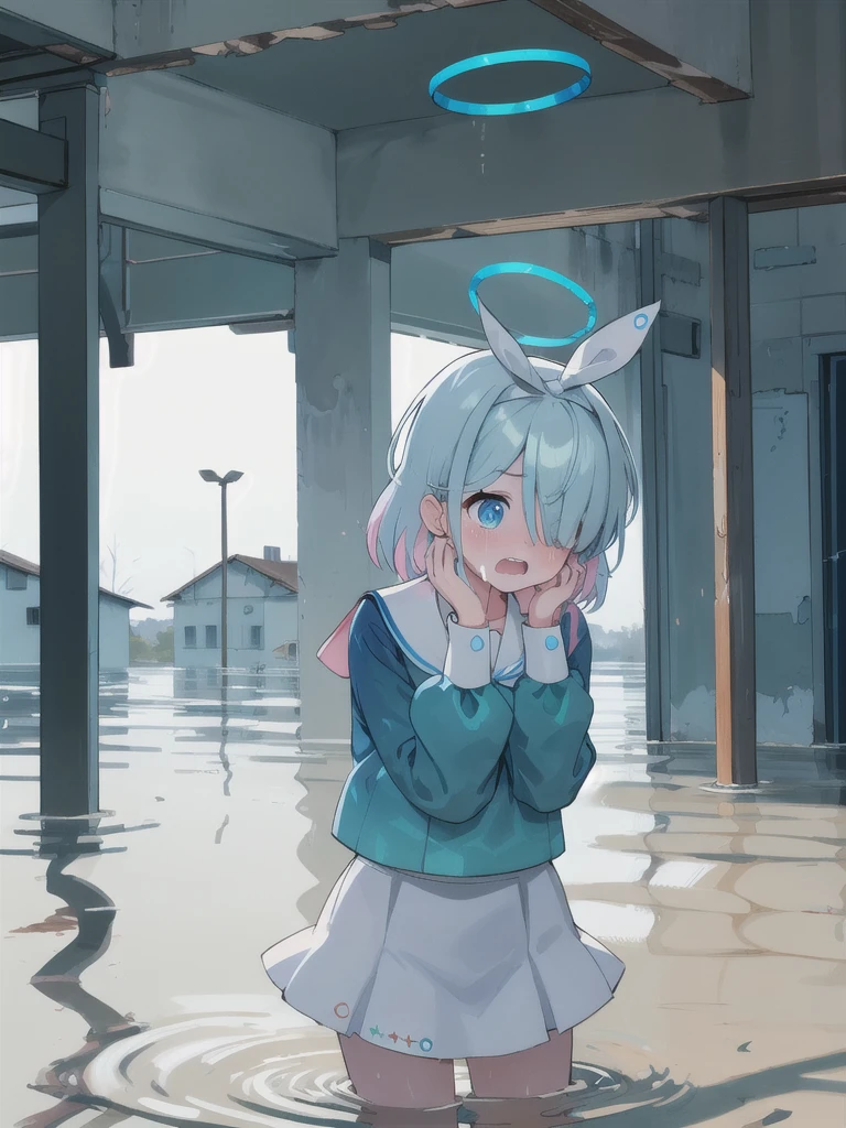 masterpiece,Highest quality,Dilapidated and flooded school building,1 Girl,Halo,Cry with your eyes open,Open your mouth,Blue school shirt,Long sleeves,White Skirt,Focus on face,