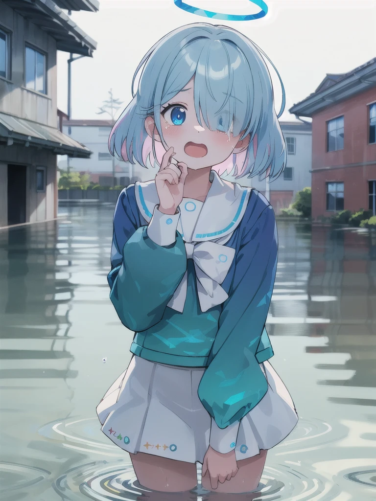 masterpiece,Highest quality,Dilapidated and flooded school building,1 Girl,Halo,Cry with your eyes open,Open your mouth,Blue school shirt,Long sleeves,White Skirt,Focus on face,