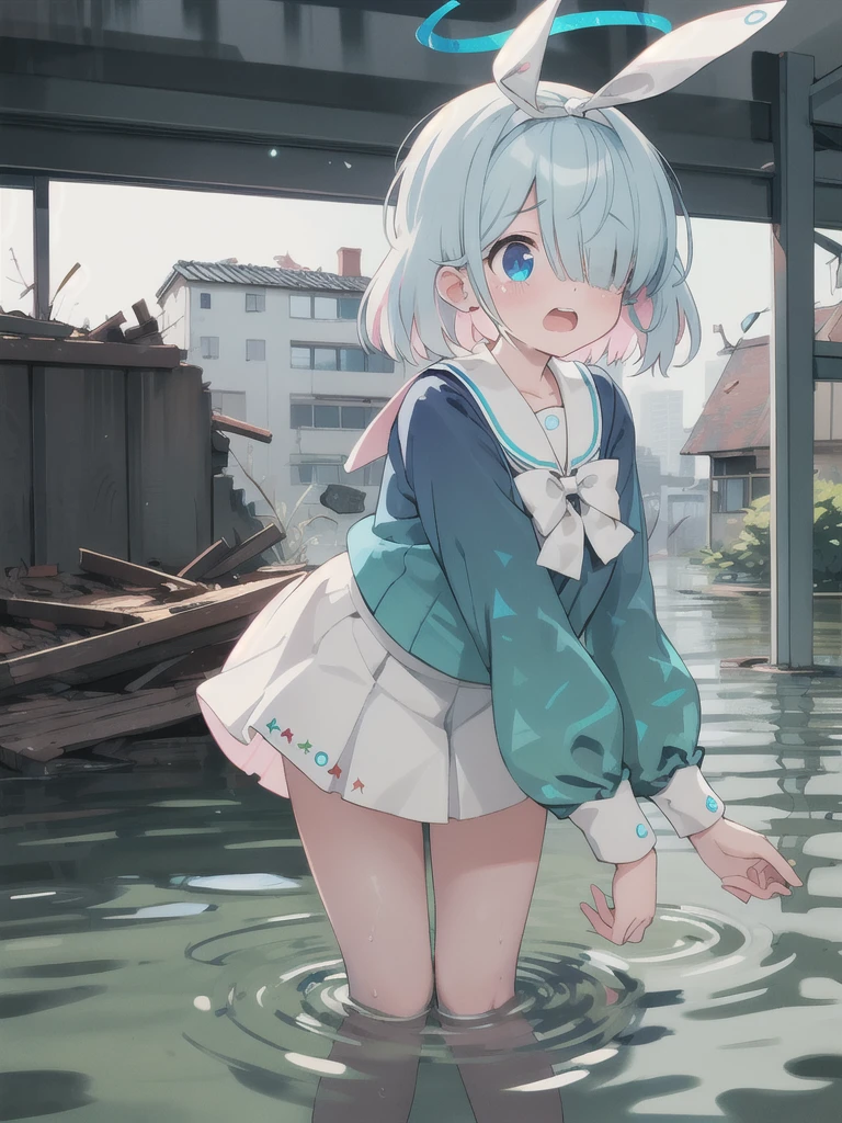 masterpiece,Highest quality,Dilapidated and flooded school building,1 Girl,Halo,Cry with your eyes open,Open your mouth,Blue school shirt,Long sleeves,White Skirt,Focus on face,