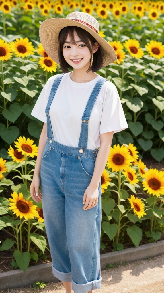 (8K, Realistic, RAW Photos, Highest quality: 1.4),Japanese idol-style beautiful girl,1 person,18-year-old,(Chestnut short bob),She has her hair tucked behind her ears,My hair is blowing in the strong wind,She is wearing a hat,Large, clear grey eyes,Long eyelashes,She has small piercings in her ears,Fuller lips,(White T-shirt),Overalls,Sandals on bare feet,Sunflower field,Smiling at the camera,Front view,Full body portrait