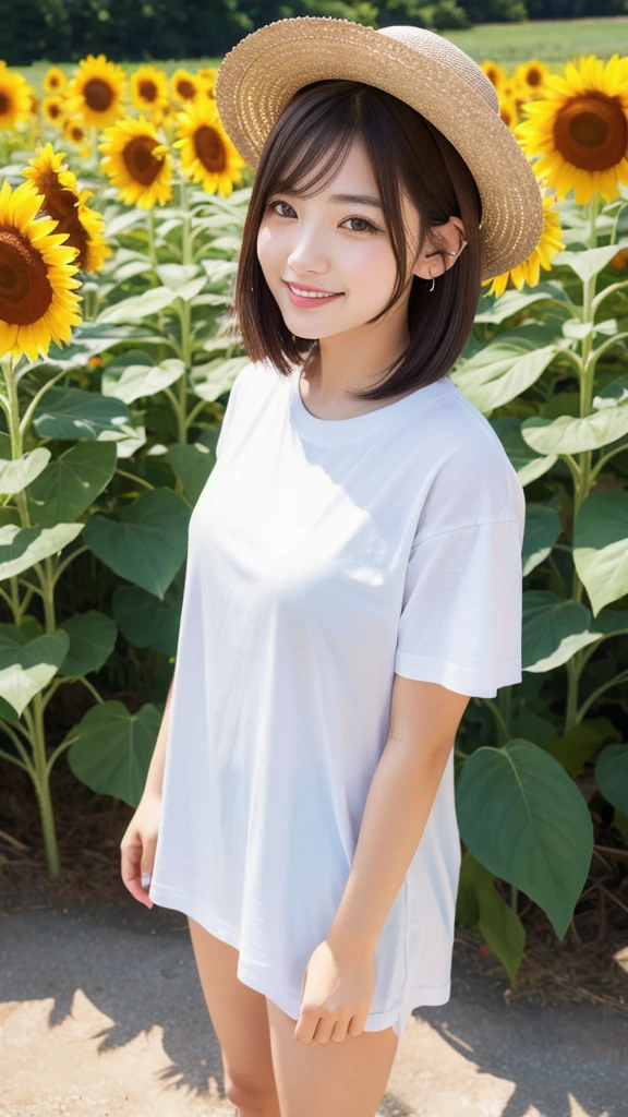 (8K, Realistic, RAW Photos, Highest quality: 1.4),Japanese idol-style beautiful girl,1 person,18-year-old,(Chestnut short bob),She has her hair tucked behind her ears,My hair is blowing in the strong wind,She is wearing a hat,Large, clear grey eyes,Long eyelashes,She has small piercings in her ears,Fuller lips,(White T-shirt),Overalls,Sandals on bare feet,Sunflower field,Smiling at the camera,Front view,Full body portrait