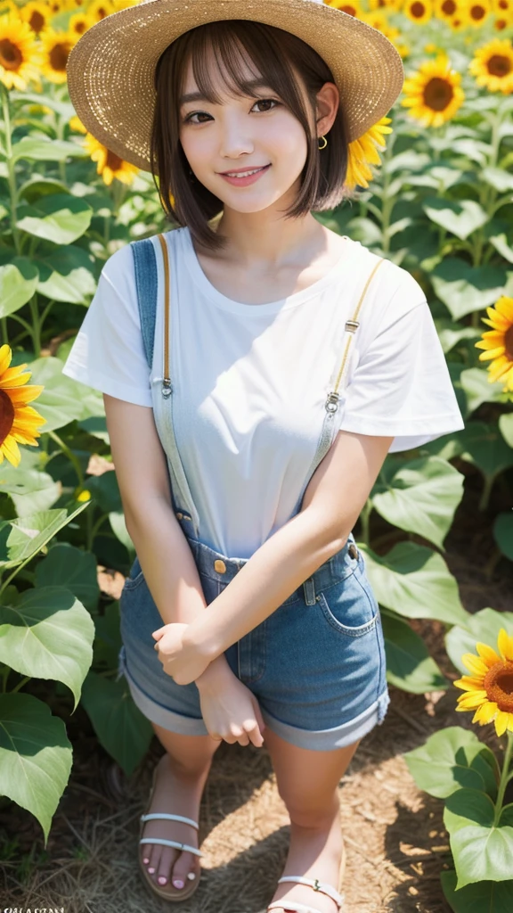 (8K, Realistic, RAW Photos, Highest quality: 1.4),Japanese idol-style beautiful girl,1 person,18-year-old,(Chestnut short bob),She has her hair tucked behind her ears,My hair is blowing in the strong wind,She is wearing a hat,Large, clear grey eyes,Long eyelashes,She has small piercings in her ears,Fuller lips,(White T-shirt),Overalls,Sandals on bare feet,Sunflower field,Smiling at the camera,Front view,Full body portrait