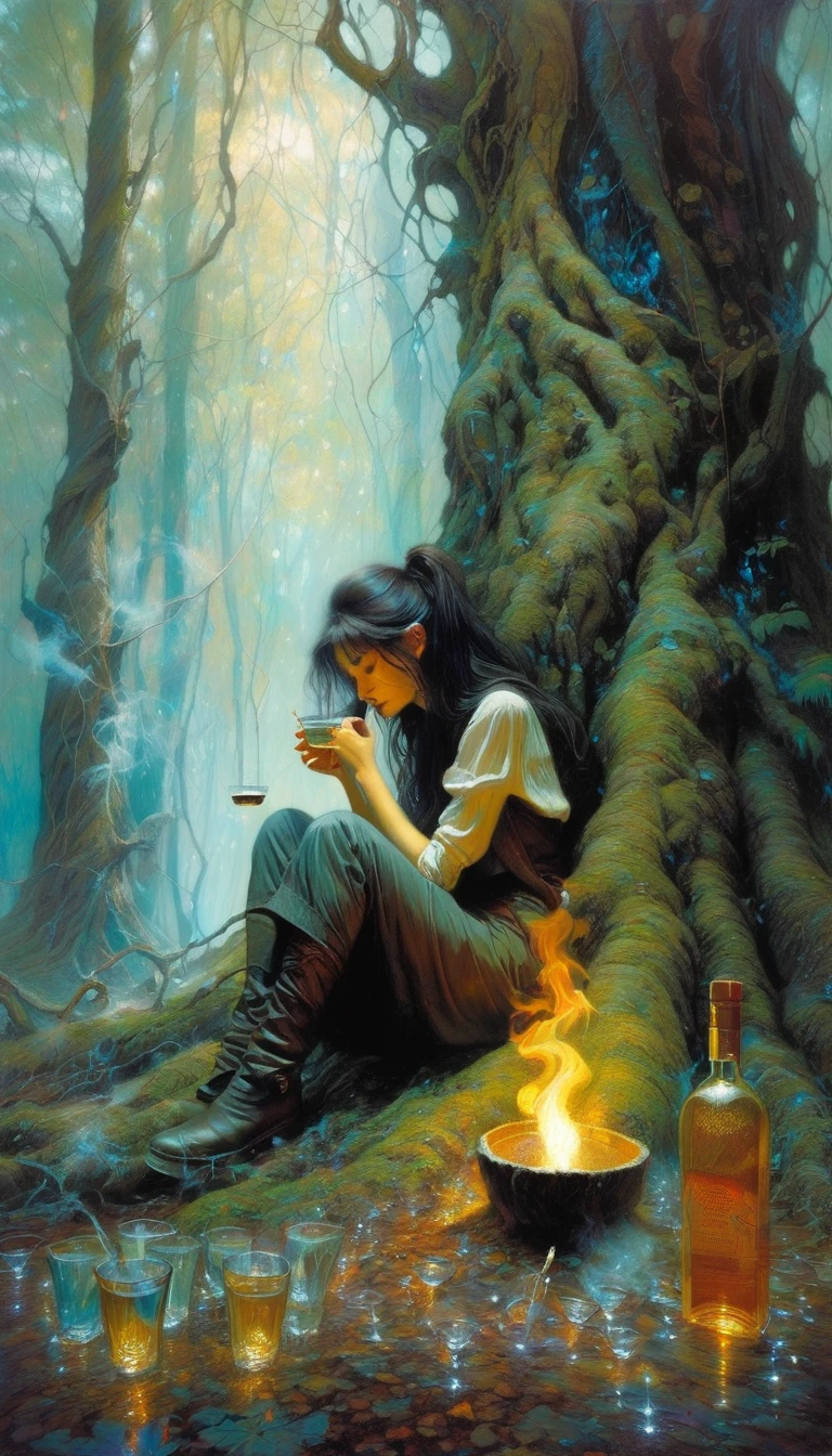 a dejected woman sitting at the bottom of a tree in a magical forest, three cups of liquor on the ground, a hand appears in the smoke offering another cup of liquor to the girl,(art inspired by Brian Froud and Carne Griffiths and Wadim Kashin, intricate details, oil painting)