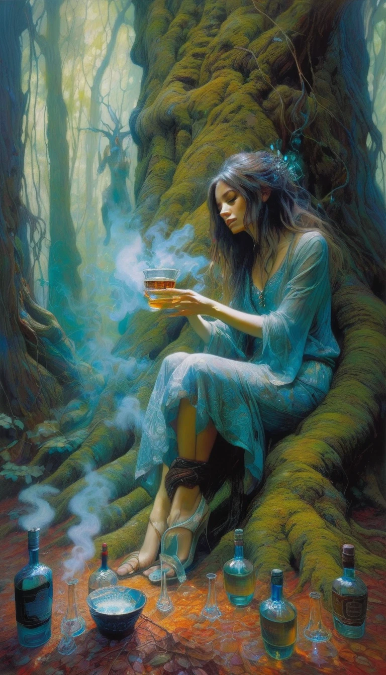 a dejected woman sitting at the bottom of a tree in a magical forest, three cups of liquor on the ground, a hand appears in the smoke offering another cup of liquor to the girl,(art inspired by Brian Froud and Carne Griffiths and Wadim Kashin, intricate details, oil painting)