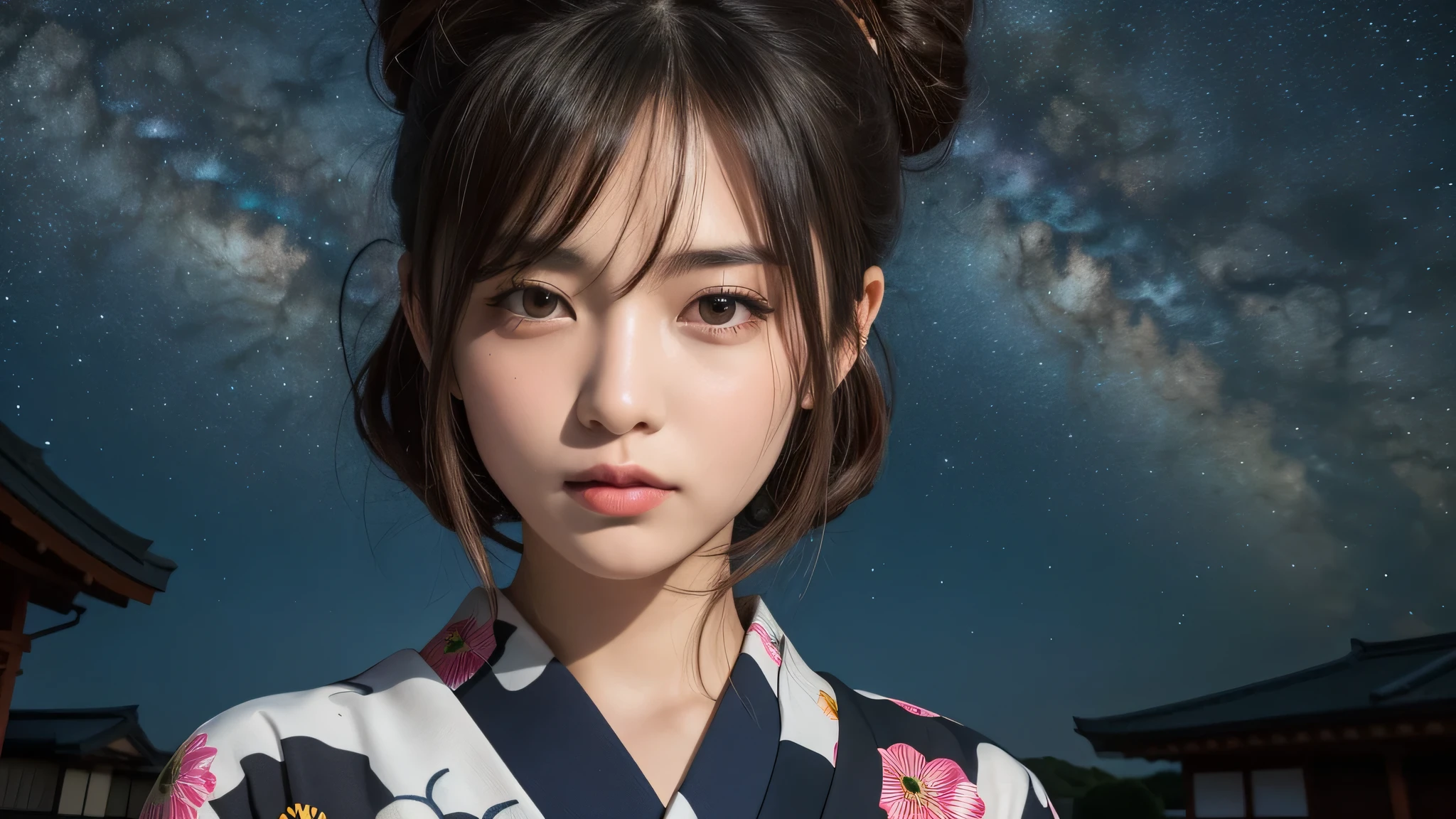 (1women), bun hair, (round eyes:1.2), (highly detailed face), (extremely detailed beautiful face), (floral pattern yukata), (Best Quality:1.4), (Ultra-detailed), extremely detailed CG unified 8k wallpaper, Realistic portrait, Beautiful detailed, High-definition raw color photos, professional photography, night sky, tanzaku, (Japan's Tanabata, Tanabata night), tanzaku, beautiful milky way, (fine face:1.2), focus on women