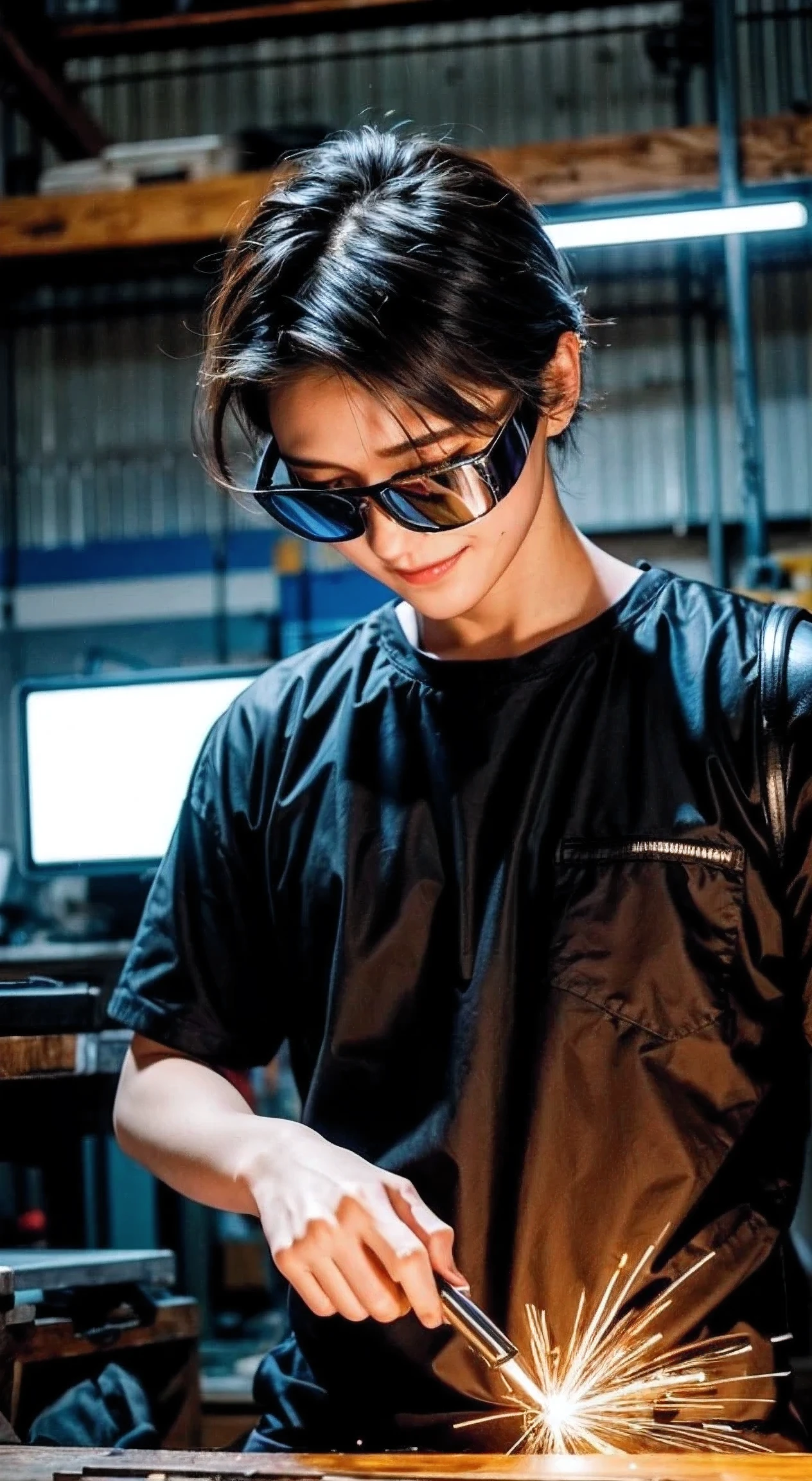 Absurd resolution, high resolution, (masterpiece: 1.4), hyper-detail, young man's messy short black hair, welder dressed up, answering the phone (1.2), happy expression, factory high-tech workbench, tech-sense screen