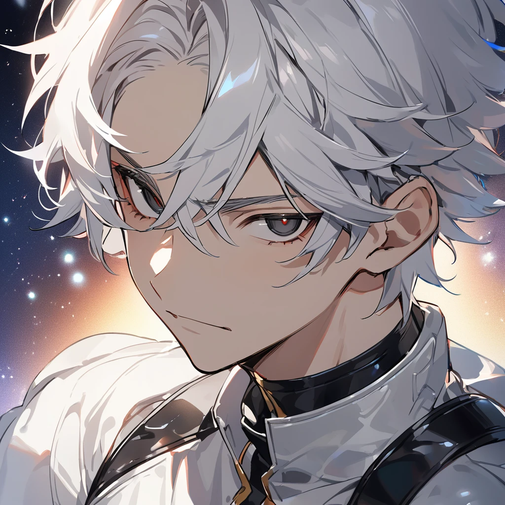 High quality, HD, 4k, no shadows, handsome male, 1male, 17 years old, teenager, golden lining, short white hair, sharp eyes, dark eyes, deep black eyes, devil may cry, close up, calm expression, stoic expression, black leather clothes, white leather clothing, lean body, well trained body, upper body, looking at viewer, white solar, space background