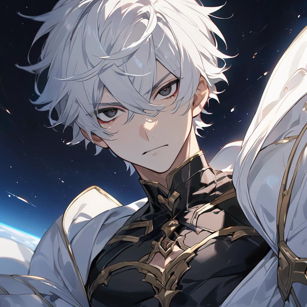 High quality, HD, 4k, no shadows, handsome male, 1male, , teenager, go lining, short white hair, sharp eyes, dark eyes, deep black eyes, devil may cry, close up, calm expression, stoic expression, black leather clothes, white leather clothing, lean body, well trained body, upper body, looking at viewer, white solar, space background