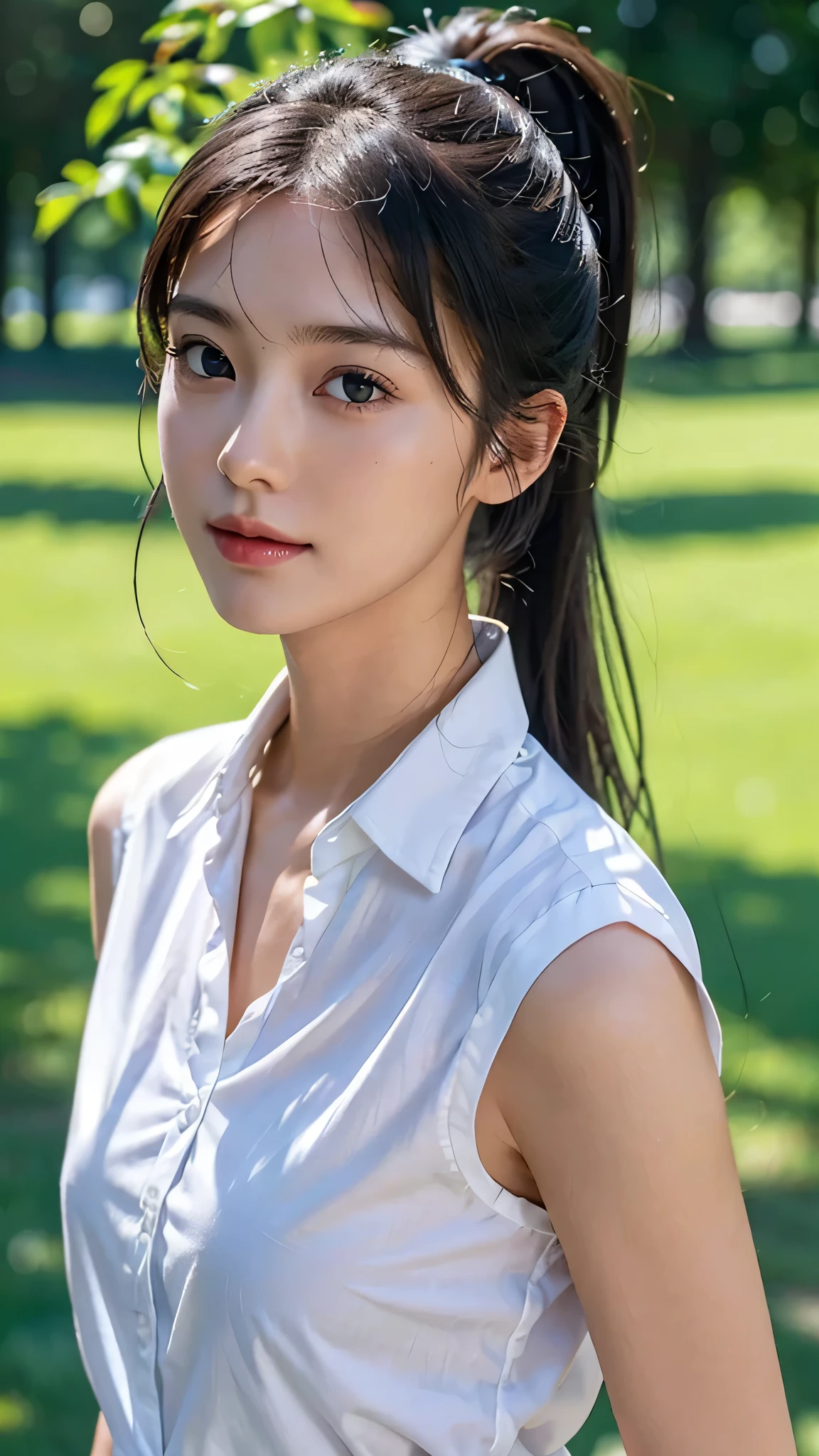 White collared shirt,jeans,outdoors,Urban Park,On the lawn,One woman,close up face,fully body photo,masutepiece, The highest image quality, High quality, the background is clear,Beautiful woman, Japanese, Detailed, Ultra-detailed, finely detail, hight resolution, 8K Wallpaper, Perfect dynamic composition, Beautiful detailed eyes ,Detailed eyes, Detailed skin, Beautiful skin, 超hight resolution, (reality: 1.4),Very beautiful woman, Slightly younger face, Beautiful skin, slender, (Ultra photo realsisim), (hight resolution), (8K), (Very detailed) (beautifully detailed eyes), (super detailed), (Detailed face), view the viewer, Fine details, Detailed face, Staring straight ahead, Staring straight ahead, photos realistic, Bright lighting, Professional Lighting, Black hair,poneyTail,a baby face,sixteen years old,Hairstyle: ponytail,Long ponytail hairstyle,slight smile,
