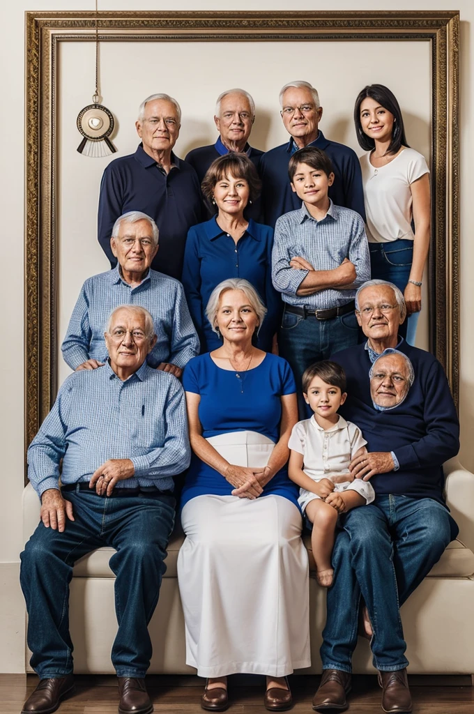 Generate 7 people where, 3 men are in front sitting(including one old age grandpa in middle, one 45's son in left and 18's grandsons in right) 4 women in backside of men standing(including 45's mom, 27's daugher, 24's daughter and 21's daughter) create the image for family photo frame