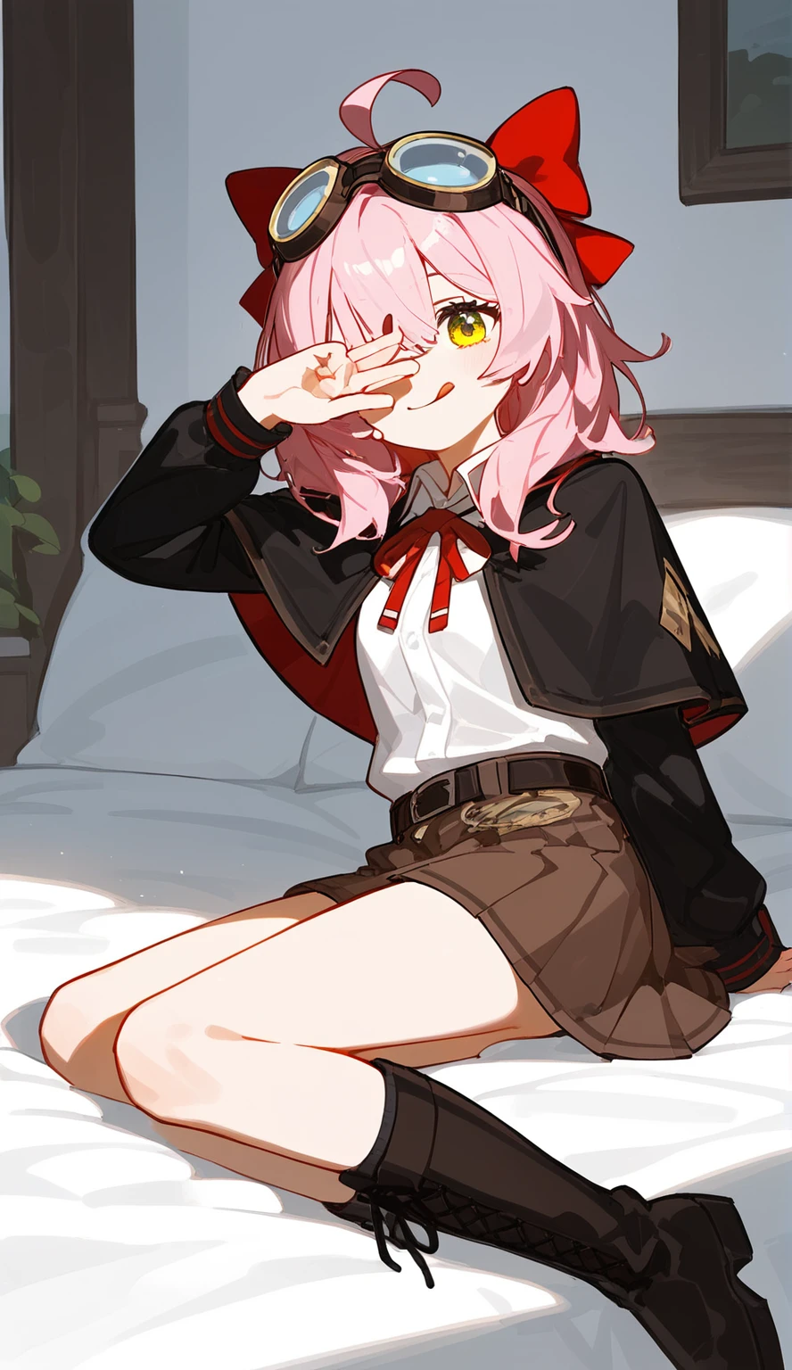 One girl,Lie in,behind,(one hand Cover face:1.2),tongue outside,throw,taffy,taffy_Default,One girl,alone,yellow eye,Pink Hair,virtual youtsideuber,Ahoge,shirt,bangs,hair between eye,Medium Hair,twin Braidings,Braiding,smile,Put goggles on your head,Red ribbon,white shirt,Capelet,Black Skirt,belt,Long sleeve,collared shirt,Black knee socks,bow,hair bow,black Capelet,Brown Skirt,Knee Boots,After sex,love in the eye,indoor,bed,sunlight,Cover_eye,(tongue_outside:1.2),saliva,, score_9,score_8_superior,score_7_superior,Expressive,evaluation_Safety,(masterpiece, Highest quality)
