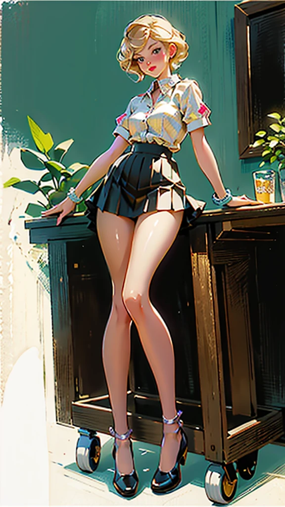 glow,masterpiece, best quality, oil painting portrait style, blonde,Plaid skirt,pleated skirt,Big ,white stockings,without wearing shoes, pinup