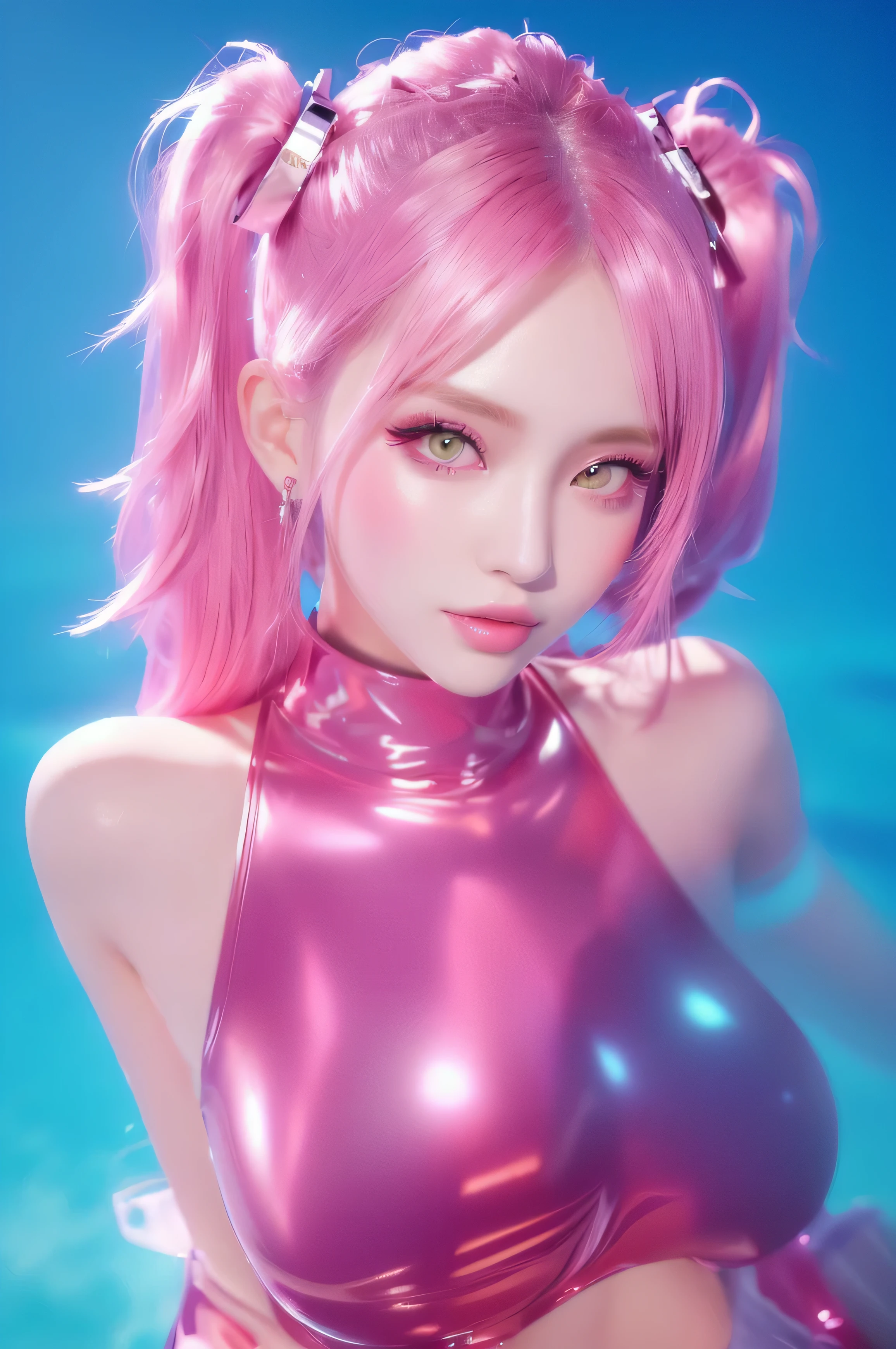 a close up of a woman in a latex outfit posing for a picture, Shiny skin, Trending on cgstation, Pink pigtails and cyan eyes, Photorealistic anime girl rendering, Smooth pink skin, 3D Anime Real, ig model | art gelm, Inspired by Yanjun Chen, 8k art gelm bokeh, Super Real Anime