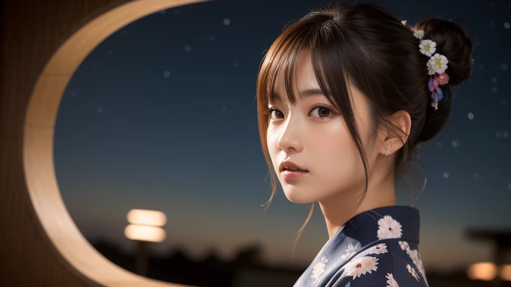 (1women), bun hair, (round eyes:1.2), (highly detailed face), (extremely detailed beautiful face), (floral pattern yukata), (Best Quality:1.4), (Ultra-detailed), extremely detailed CG unified 8k wallpaper, Realistic portrait, Beautiful detailed, High-definition raw color photos, professional photography, night sky, tanzaku, (Japan's Tanabata, Tanabata night), tanzaku, beautiful milky way, (fine face:1.2), focus on women