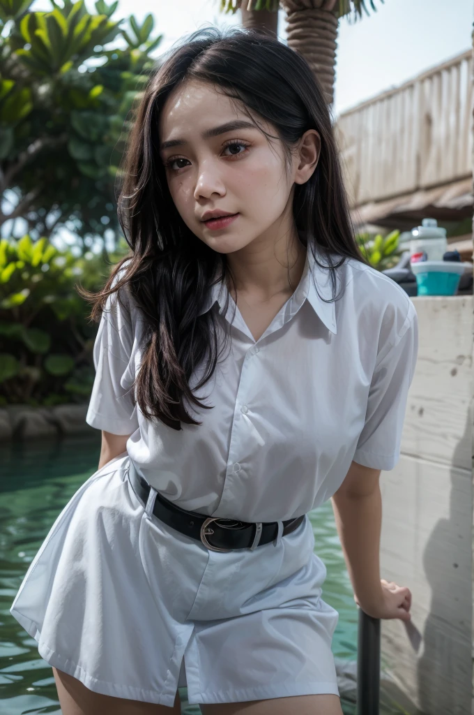 (((Ultra-HD-quality-details))) ,1girl, SLEEPY eyes, long hair, MESSY hair, cewe-sma, from fitting, white shirt, gray skirt, belt, looking at viewer, light , arms behind back, nature, hair ornament, HIGHRES, water 