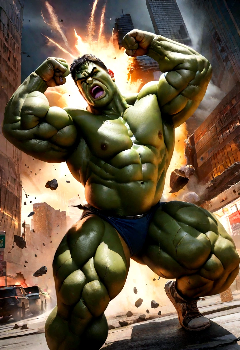 (best qualityer,4K,8K,high resolution,work of art:1.2),ultra detali,(realisitic,photorealisitic,photo-realisitic:1.37),the hulk,quadrinhos da marvel,strong and muscular body,torn garments,greenskin,angry expression,clenched fists,Massive appearance,destructive power,marvel superhero,Downtown Manhattan,New York City,skyscrapers in the background,dark and intense atmosphere,dramatic lighting,comic book art,explosive action,dynamic poses,swirly vibrant colors,broken debris,fúria e poder emanados do the hulk,emotionally charged intensity,action-packed scene,epic showdown,sensational illustration.