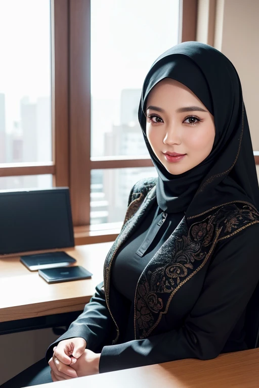 a gorgeous 42 year old busty indonesian woman, formal hijab suit with blazer, beautiful smile, boss, full body portrait,(best quality,4k,8k,highres,masterpiece:1.2),ultra-detailed,(realistic,photorealistic,photo-realistic:1.37),hyper detailed face,extremely detailed eyes and face,detailed makeup,long eyelashes,beautiful detailed lips,elegant pose,confident expression,warm lighting,cinematic angle,office interior background,high quality,intricate details