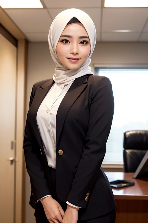a gorgeous 42 year old busty indonesian woman, formal hijab suit with blazer, beautiful smile, boss, full body portrait,(best quality,4k,8k,highres,masterpiece:1.2),ultra-detailed,(realistic,photorealistic,photo-realistic:1.37),hyper detailed face,extremely detailed eyes and face,detailed makeup,long eyelashes,beautiful detailed lips,elegant pose,confident expression,warm lighting,cinematic angle,office interior background,high quality,intricate details