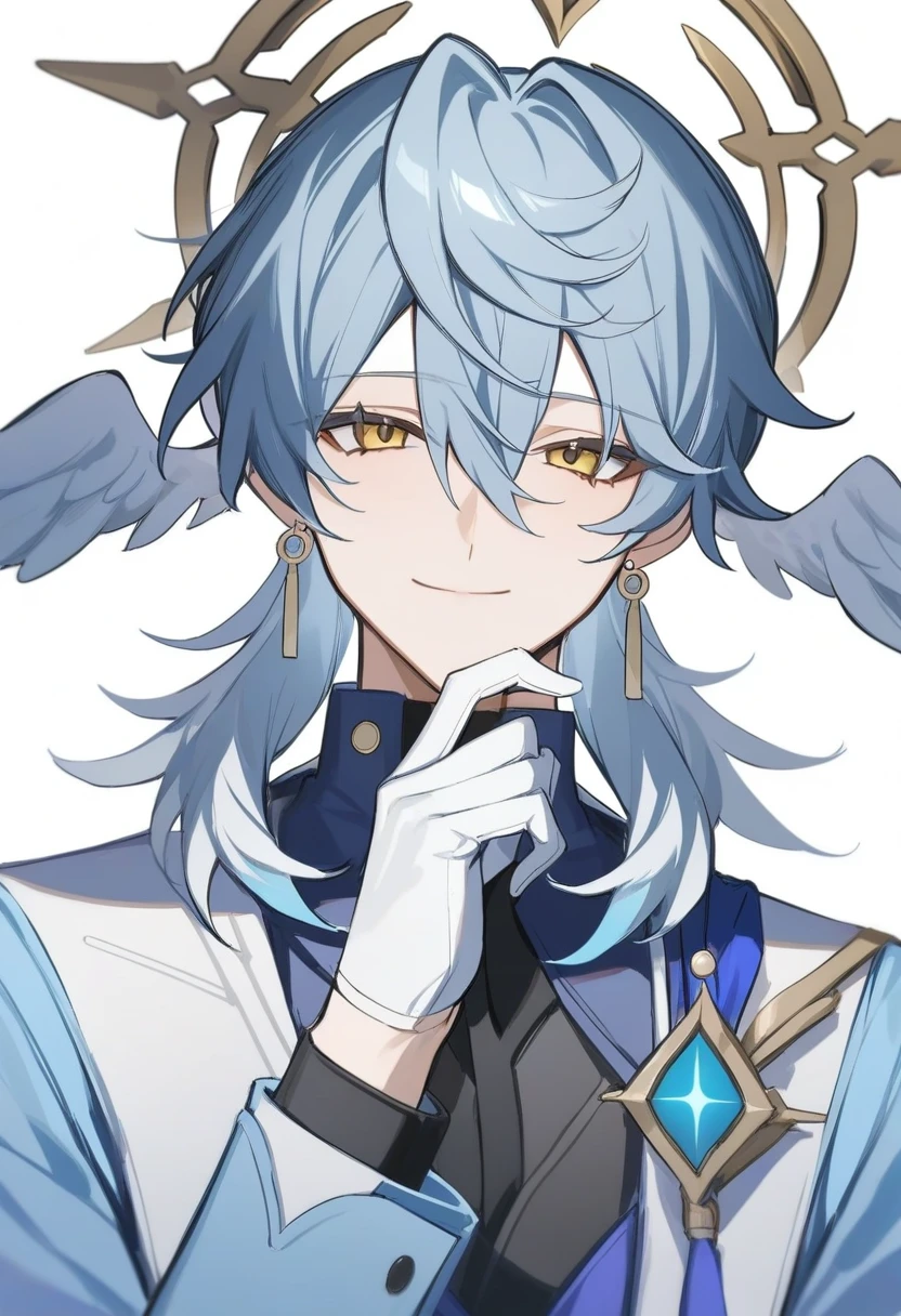 masterpiece,best quality,sunday_(honkai:_star_rail), black_shirt, sidelocks, white_wings, smile, looking_at_viewer, gloves, closed_mouth, solo, hand_up, shirt, head_wings, long_sleeves, jewelry, white_gloves, jacket, eyelashes, simple_background, halo, wings, white_background, feathered_wings, 1boy, upper_body, male_focus, earrings, star background