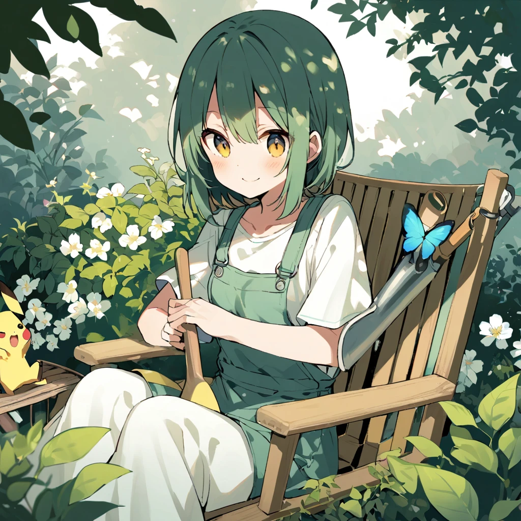 ((Light Contrast: 1.4)), BREAK {Draw a delightful illustration of Pikachu relaxing in a garden chair. Pikachu should be surrounded by blooming flowers and greenery, sitting comfortably with a smile. Include details like a watering can, garden tools, and butterflies flying around. The overall vibe should be fresh and lively}