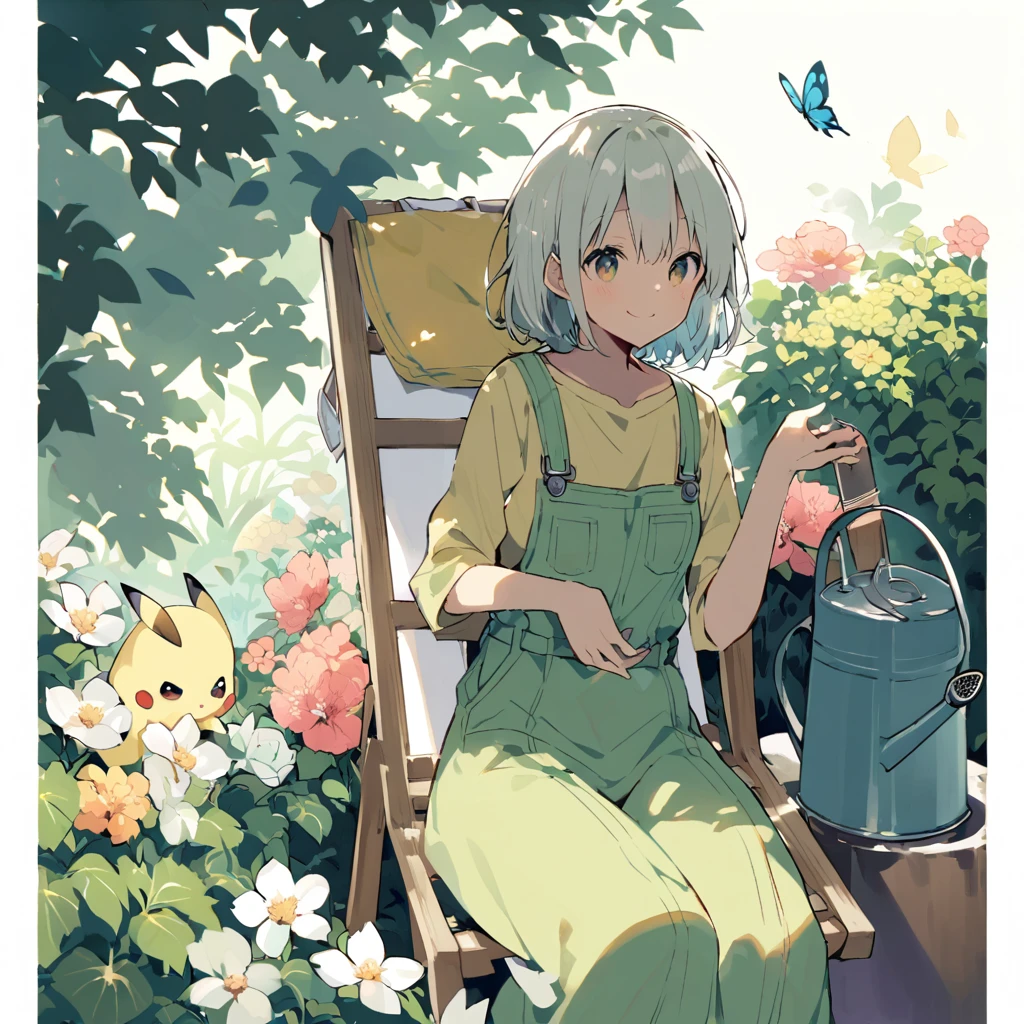 ((Light Contrast: 1.4)), BREAK {Draw a delightful illustration of Pikachu relaxing in a garden chair. Pikachu should be surrounded by blooming flowers and greenery, sitting comfortably with a smile. Include details like a watering can, garden tools, and butterflies flying around. The overall vibe should be fresh and lively}