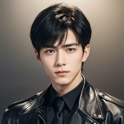 at office,wearing black leather coat,two block haircut, Attractive man,Live-action photo,Handsome and sunny,(SLR effect,Reality,8K,Hyper-detailing,Absolute realism)