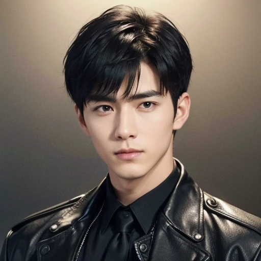 at office,wearing black leather coat,two block haircut, Attractive man,Live-action photo,Handsome and sunny,(SLR effect,Reality,8K,Hyper-detailing,Absolute realism)