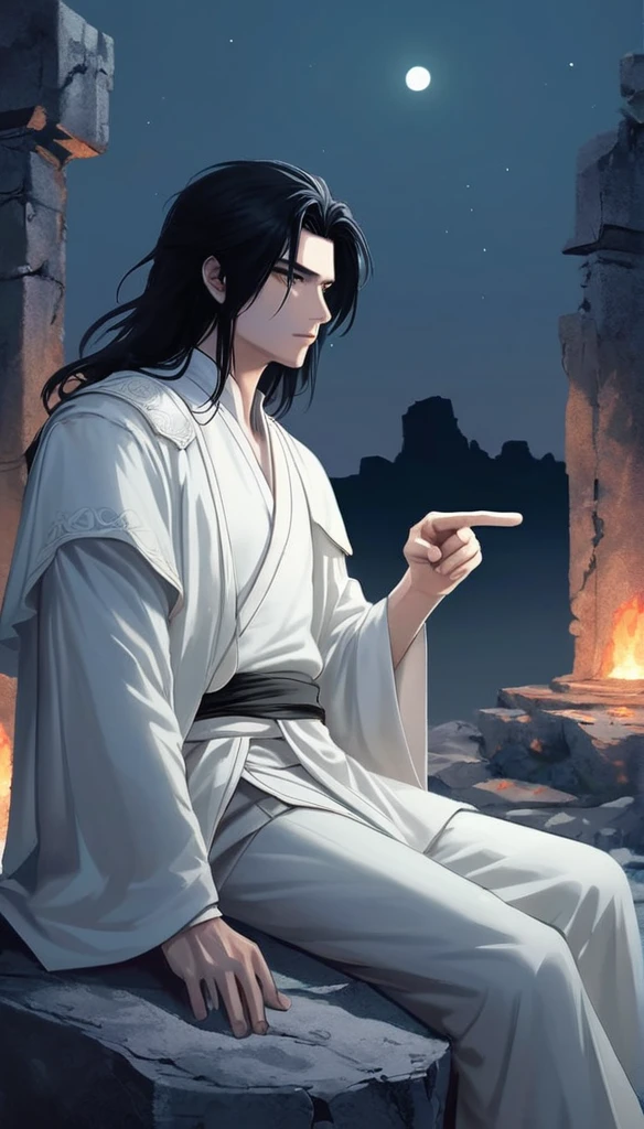 Anime-style male character sitting at rock, (long black hair:1.2), Pointing forward, white noble outfit, moonlight reflecting, night sky, Firefliess, high-resolution digital art, soft color palette, tranquil atmosphere, (serene ruins background:1.1), realistic ruinscape
