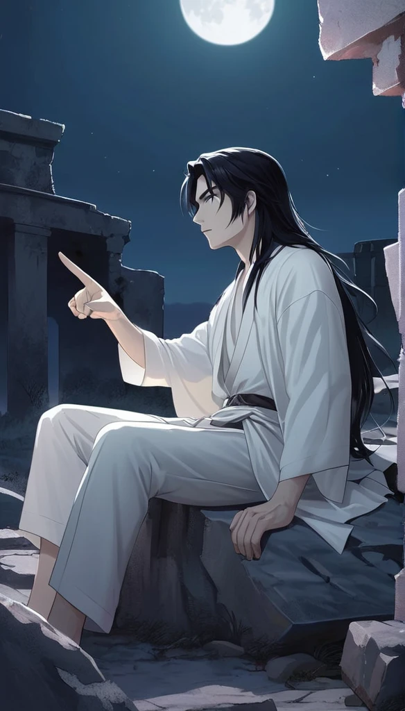 Anime-style male character sitting at rock, (long black hair:1.2), Pointing forward, white noble outfit, moonlight reflecting, night sky, Firefliess, high-resolution digital art, soft color palette, tranquil atmosphere, (serene ruins background:1.1), realistic ruinscape
