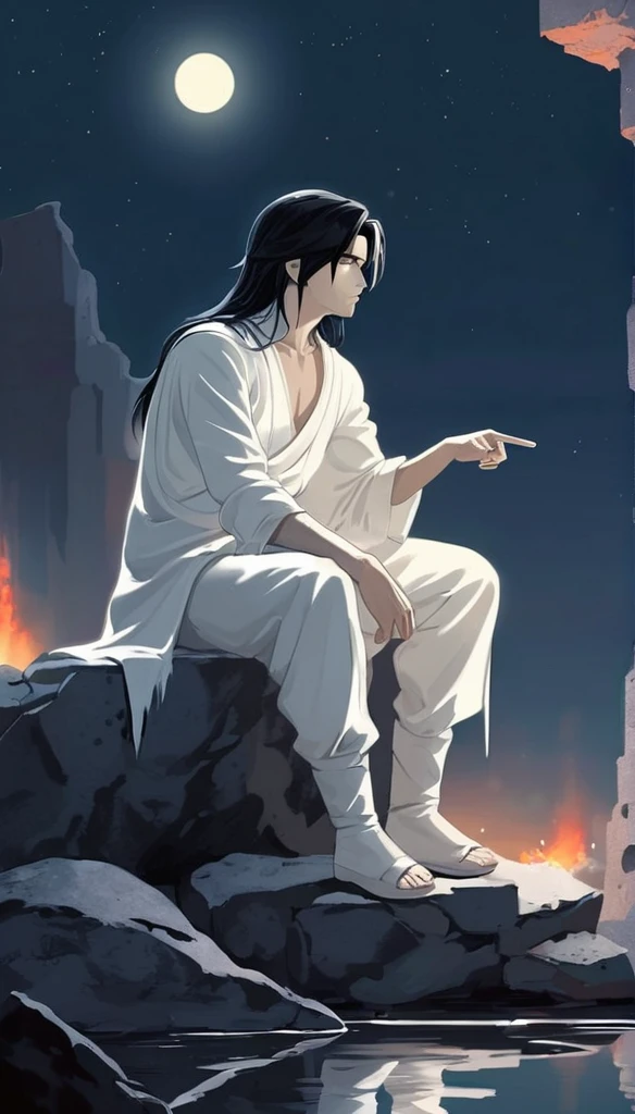 Anime-style male character sitting at rock, (long black hair:1.2), Pointing forward, white noble outfit, moonlight reflecting, night sky, Firefliess, high-resolution digital art, soft color palette, tranquil atmosphere, (serene ruins background:1.1), realistic ruinscape