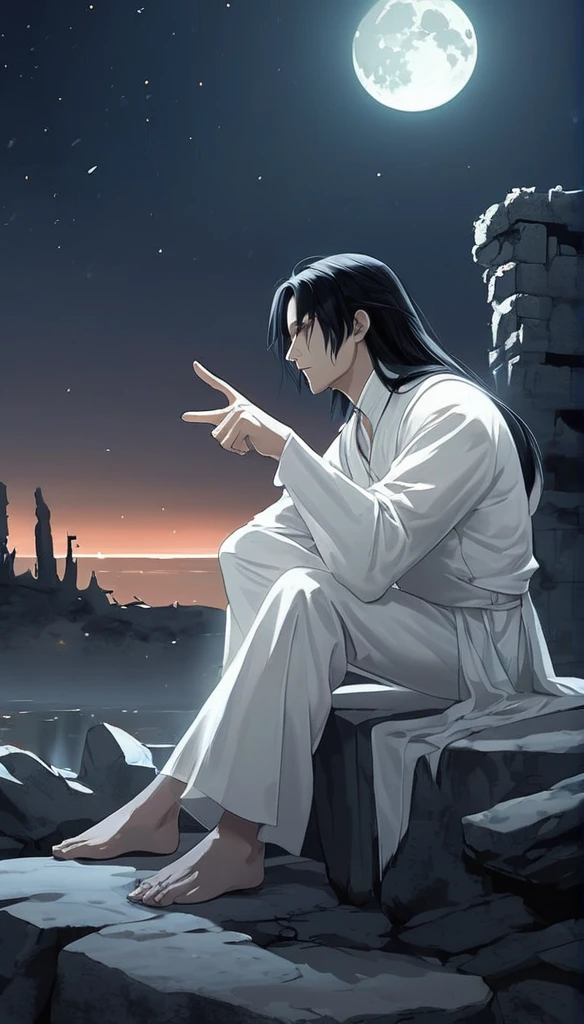Anime-style male character sitting at rock, (long black hair:1.2), Pointing forward, white noble outfit, moonlight reflecting, night sky, Firefliess, high-resolution digital art, soft color palette, tranquil atmosphere, (serene ruins background:1.1), realistic ruinscape
