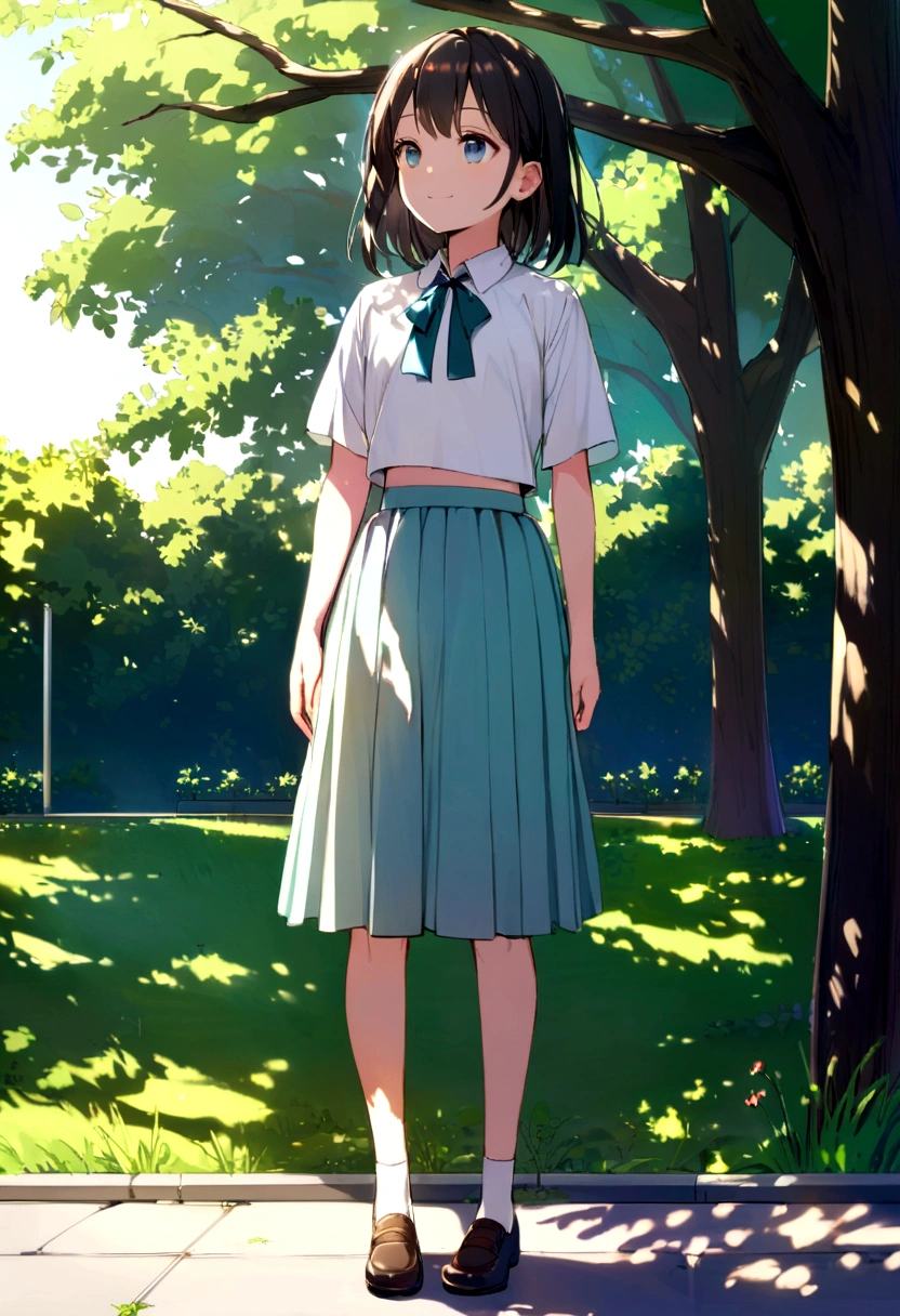 flat_body, low_teen, very_young, light smile, closed lips, beautiful detailed eyes, slender, petit, junior_high_school_student, outdoor, sunlight, black hair, look ahead, full body, girl,shirtlift