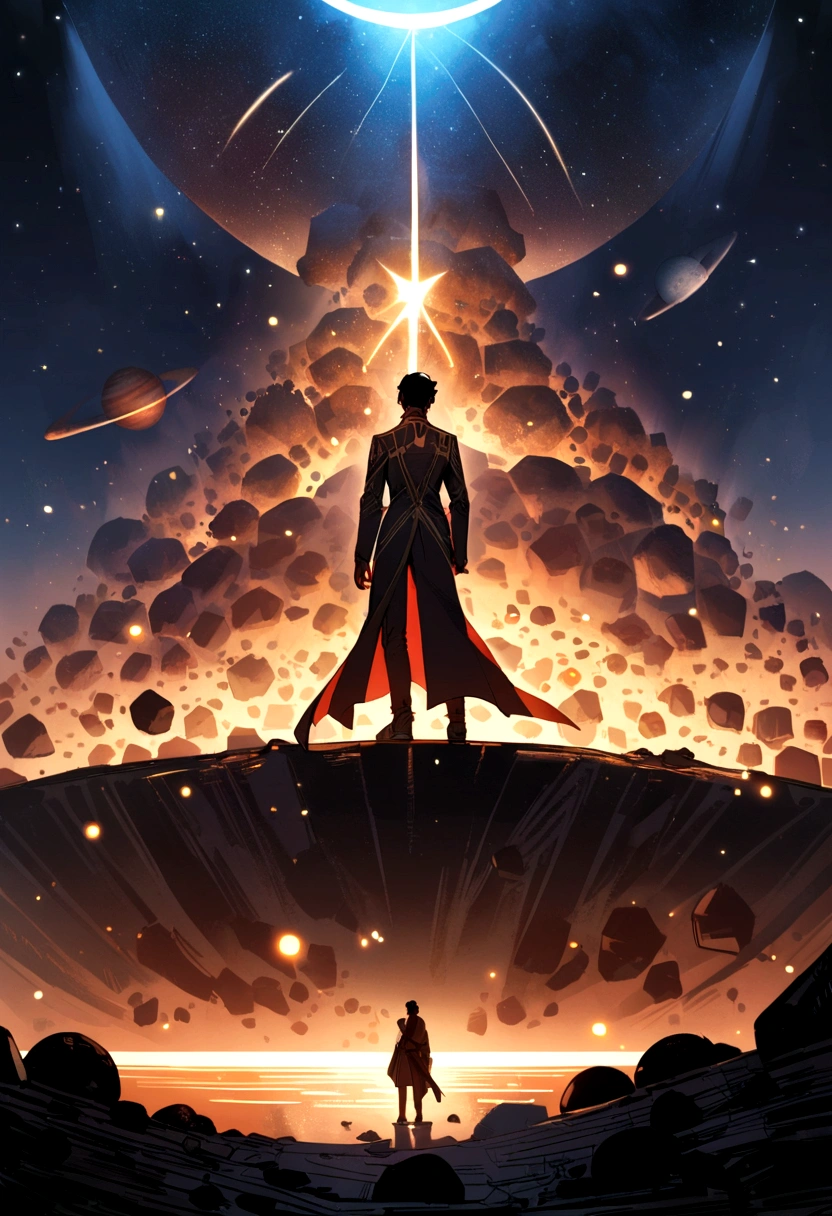 Desenhe um jovem programador, sitting on a research platform floating in the middle of an asteroid belt. He is studying with a notebook, surrounded by several asteroids glowing with fiery auras. Dramatic lighting from distant stars and planets illuminates the scene, casting deep shadows on the costume. O jovem parece confiante e determinado, looking at the vast and mysterious universe with awe and respect,facial hair, cowboy shot,