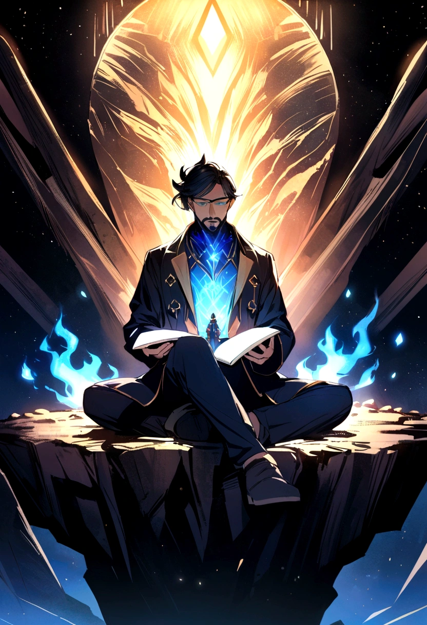 Desenhe um jovem programador, sitting on a research platform floating in the middle of an asteroid belt. He is studying with a notebook, surrounded by several asteroids glowing with fiery auras. Dramatic lighting from distant stars and planets illuminates the scene, casting deep shadows on the costume. O jovem parece confiante e determinado, looking at the vast and mysterious universe with awe and respect,facial hair, cowboy shot,