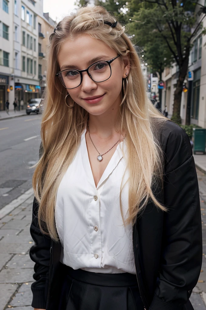 A 19-year-old blonde woman, ((hyperrealism),. blonde hair, long hair, beautiful, cute face, shy smile, earrings, rings, necklace, glasses, on the street of city, elegant black classic jacket, black skirt, white formal shirt under black jacket, big natural