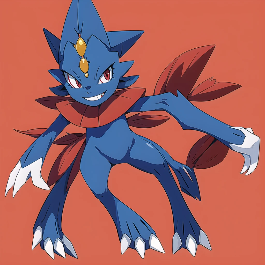 Weavile, bluish fur, orange gem, red eyes, smiling,  full body