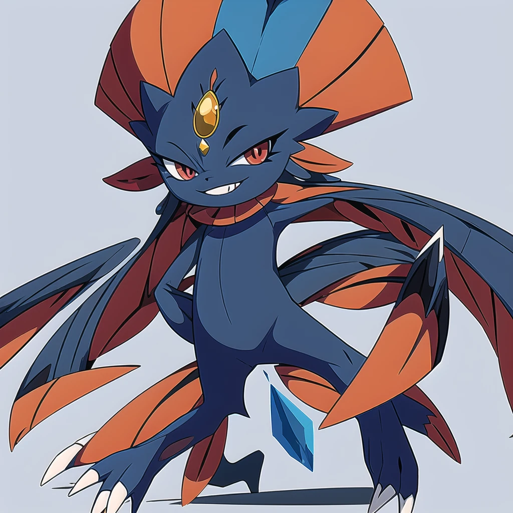 Weavile, bluish fur, orange gem, red eyes, smiling,  full body