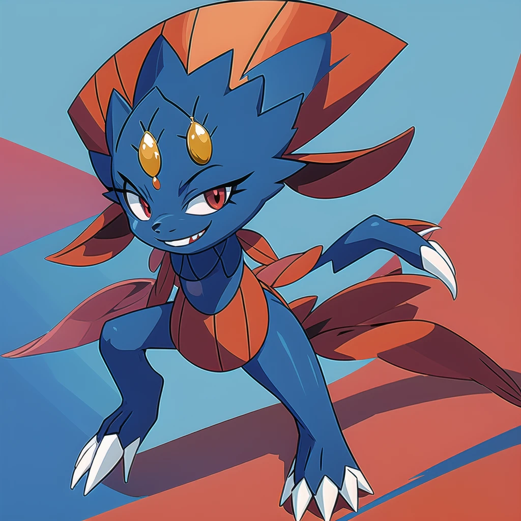 Weavile, bluish fur, orange gem, red eyes, smiling,  full body