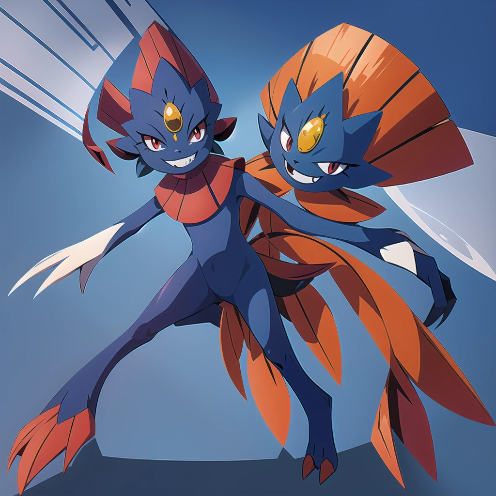 Weavile, bluish fur, orange gem, red eyes, smiling,  full body