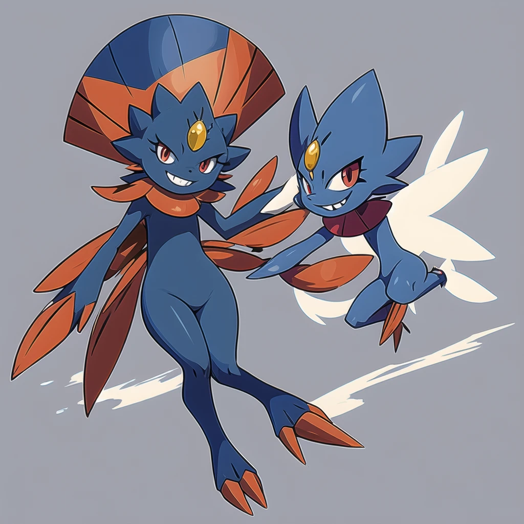 Weavile, bluish fur, orange gem, red eyes, smiling,  full body