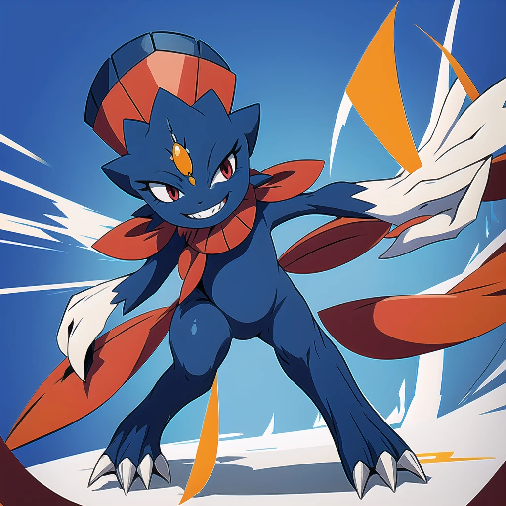 Weavile, bluish fur, orange gem, red eyes, smiling,  full body