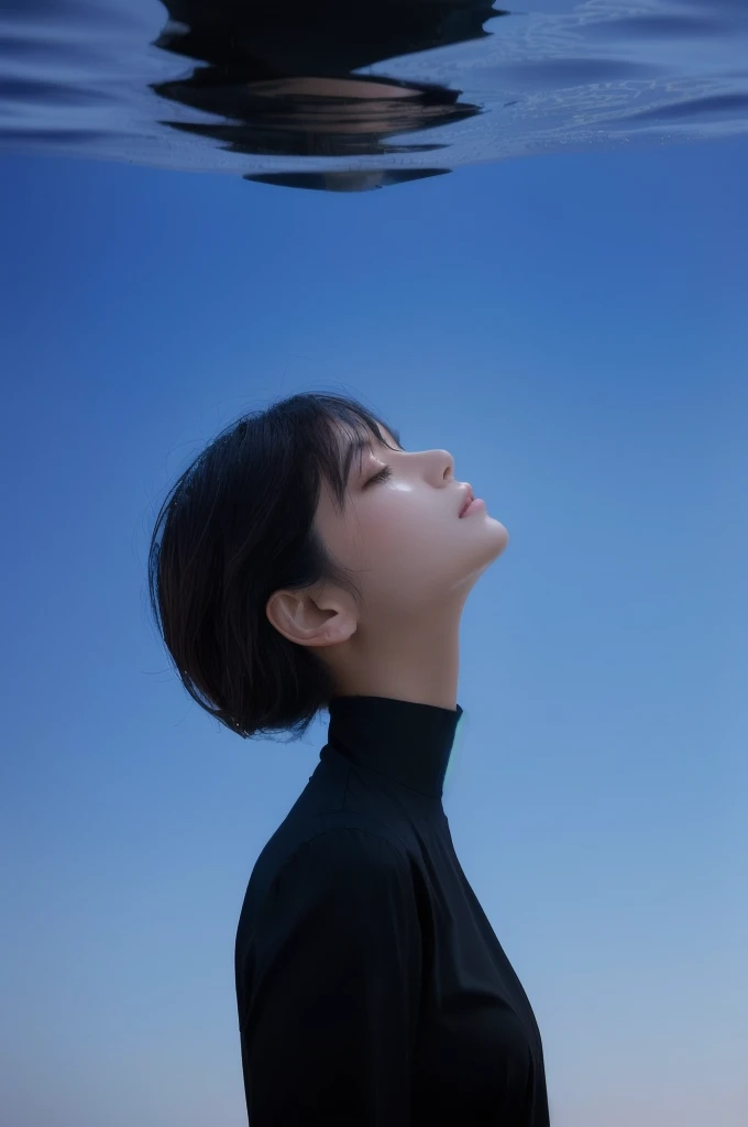 Young arabian woman in black shirt standing in water with eyes closed, Short hair, Portrait of a woman like Leol, Soft Portrait Shot 8k, Look up at the sky, Ishida Sui with black hair, Side view, Soft light from the side, Look deeply to the side, Gazing at the sky, 空をlook up顔, Low angle photo, look up