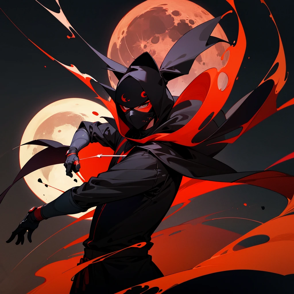 Telegram channel logo for music. Black background , red moon on a black background , a masked ninja stands against the background of the moon,stands straight and looks forward,in black anime style. Inscription under the moon : "KatanaMusic "
