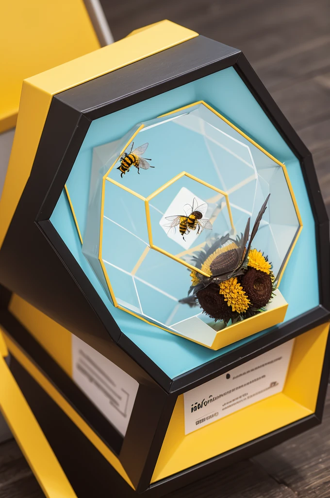 A logo with a bee inside a hexagon with several equations 