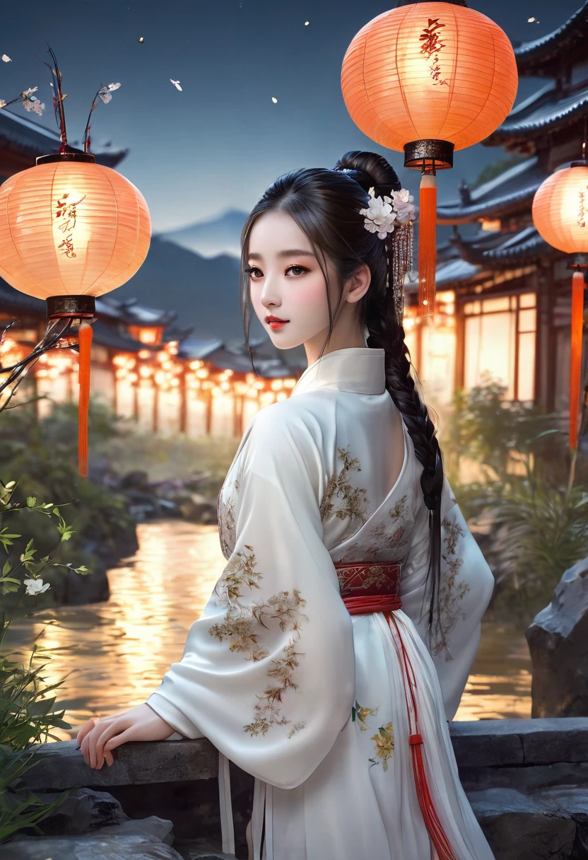 best quality, masterpiece, highres,, 1girl, Detailed face, (Upper body:1.6), Cyber cities, mountains and rivers, night, firefly lights, Realistic, rich in detail, (White hanfu:1.2), (beautiful body:1.4),